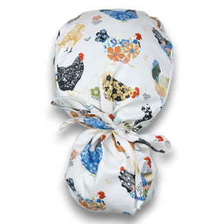 Chickens on ivory Ponytail scrub cap for women with satin lined option by Paradise Caps.