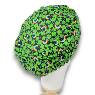 Euro scrub cap for women. Lucky Rainbow European satin lined surgical hat by Paradise Caps. Shamrock - print.