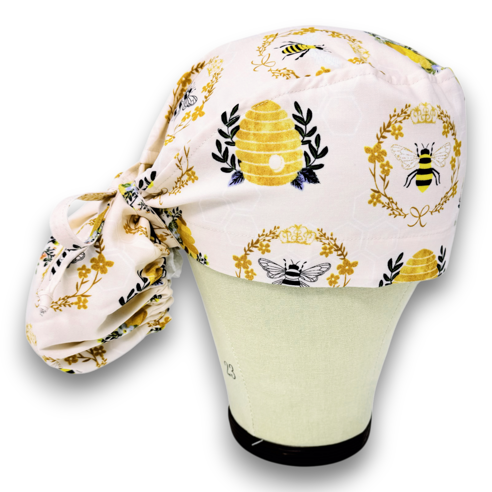 Bee Ponytail scrub cap for women with satin lined option by Paradise Caps.