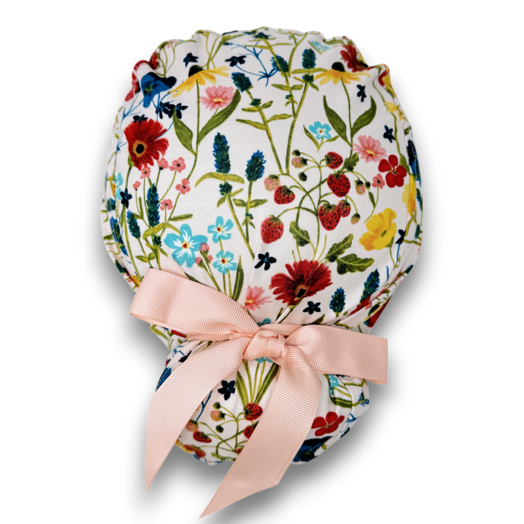 Red flower Euro scrub cap with ties for Women by Paradise Caps. Euro PLUS style.