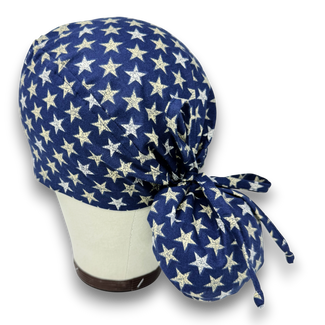Navy Blue Star Ponytail surgical cap for women with Satin Lined option by Paradise Caps.