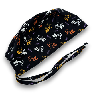 Skeleton Cat Skull tie-back style surgical scrub cap for men by Paradise Caps.
