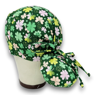 St. Patrick’s Day Ponytail Scrub Cap with satin lined by Paradise Caps. Shamrock - print.