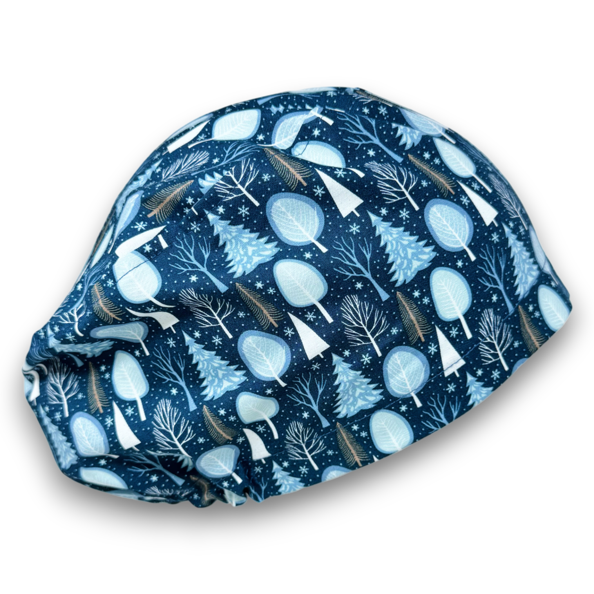 Christmas Euro scrub cap for women. Winter tree European satin lined surgical cap by Paradise Caps. Blue.