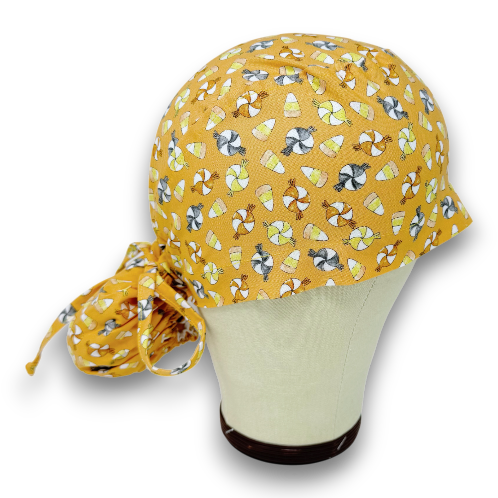 Candy Corn Ponytail scrub cap for women with satin lined option by Paradise Caps.