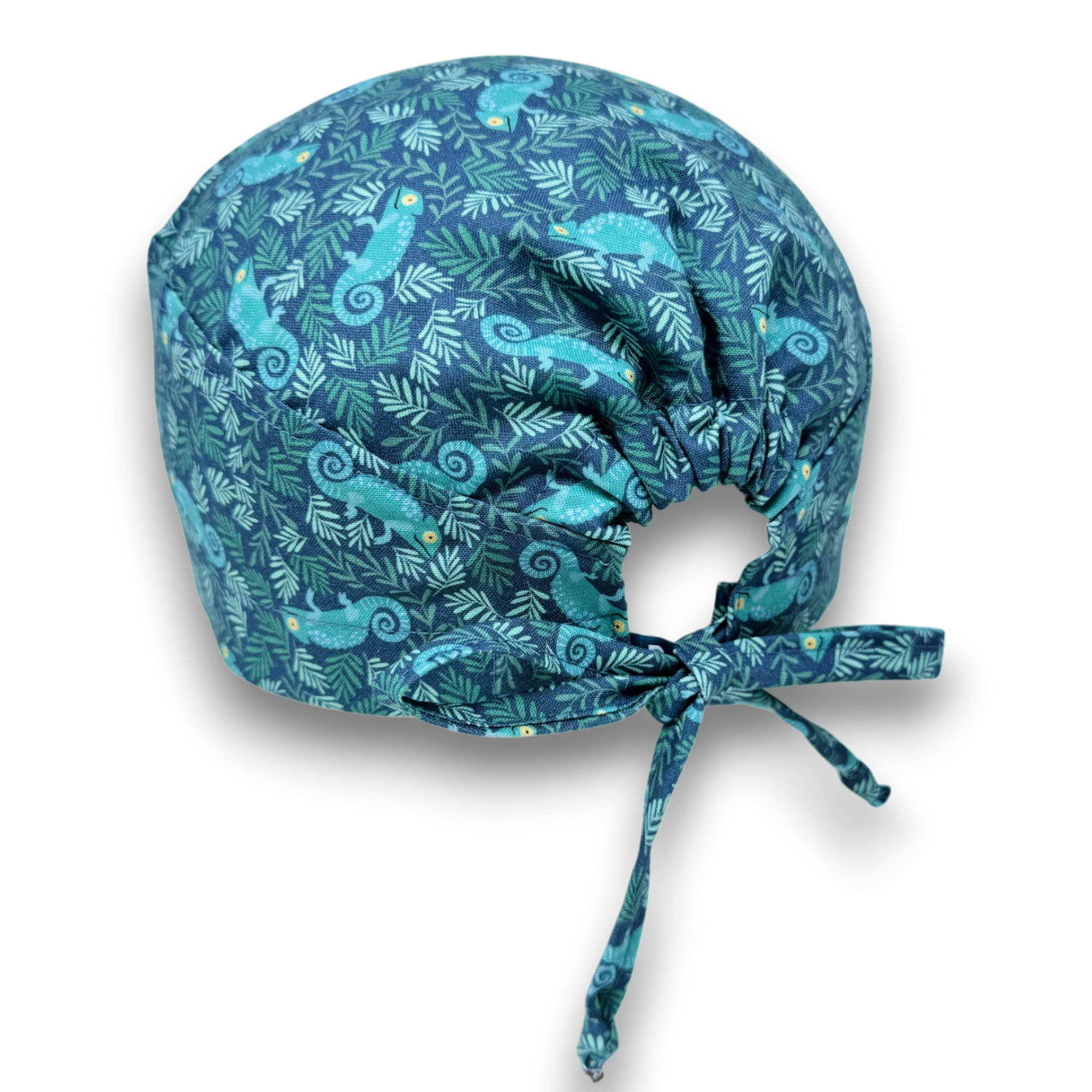 Chameleon Skull tie-back style surgical scrub cap for men by Paradise Caps.