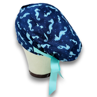 Euro scrub cap with ties for women. Ocean Seahorse Print European satin lined surgical cap by Paradise Caps. Euro PLUS style.
