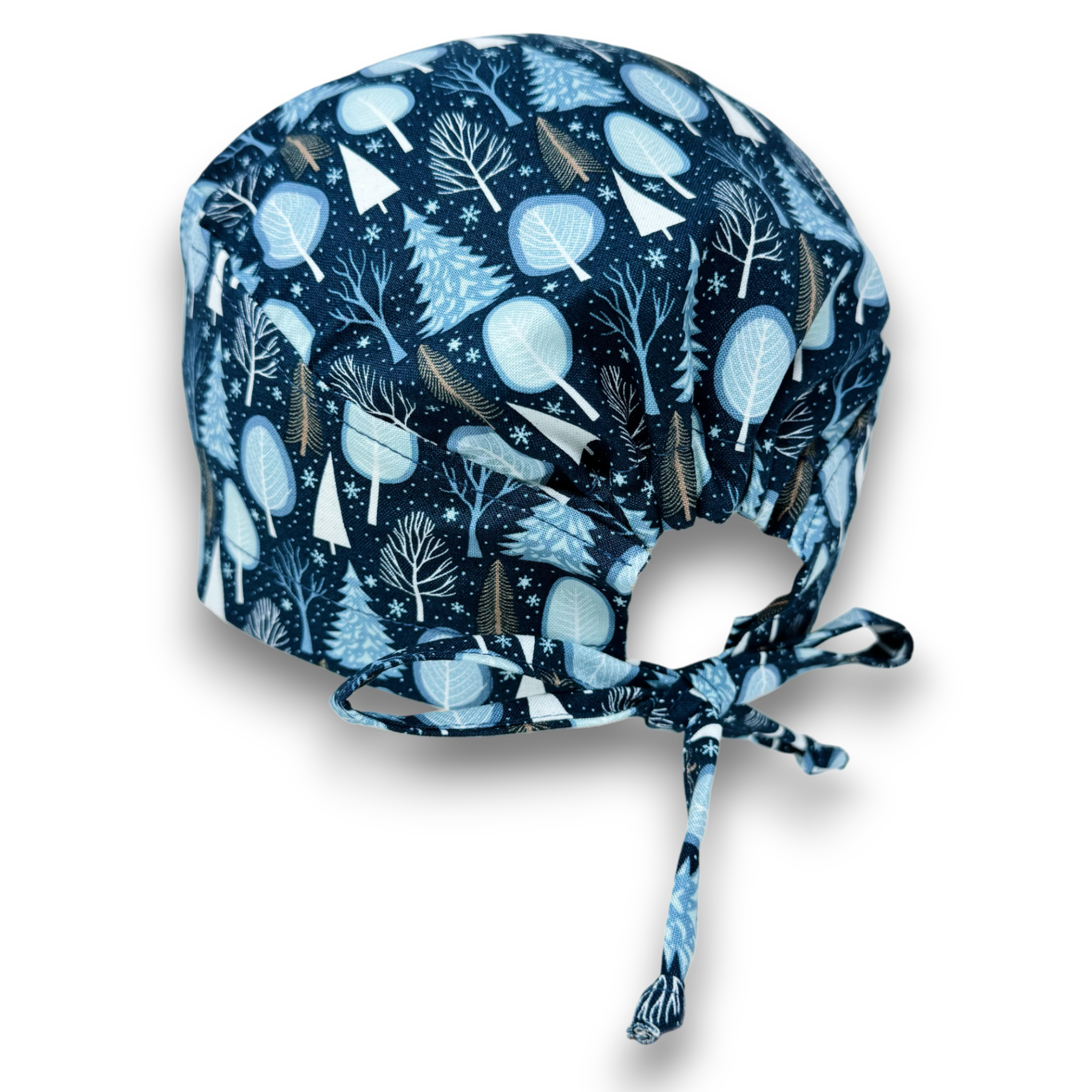 Christmas surgical scrub cap for men. Winter tree skull tie-back style surgical scrub cap by Paradise Caps. Blue.