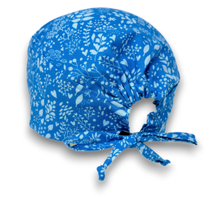 Calm Blue Floral Skull tie-back style surgical scrub cap by Paradise Caps.