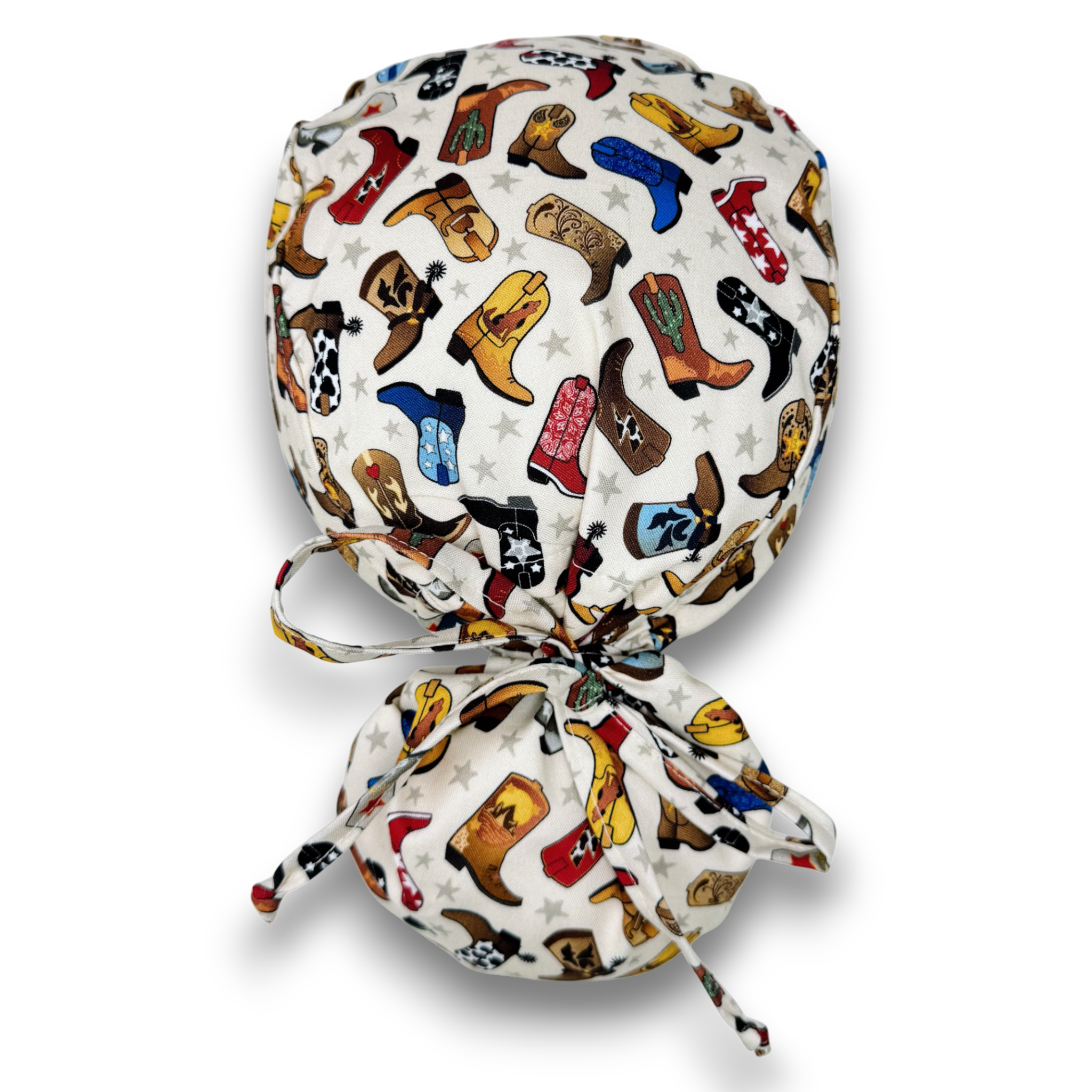 Cowboy Boots Ponytail scrub cap for women with satin lined option by Paradise Caps.
