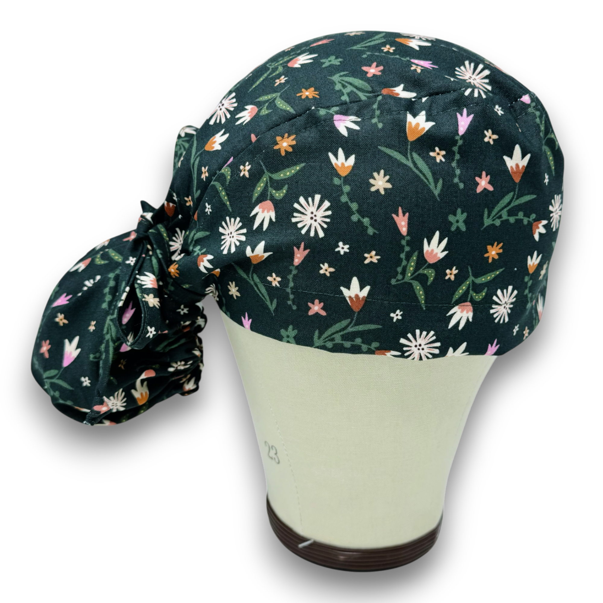 Floral Ponytail scrub cap for women with satin lined option by Paradise Caps.