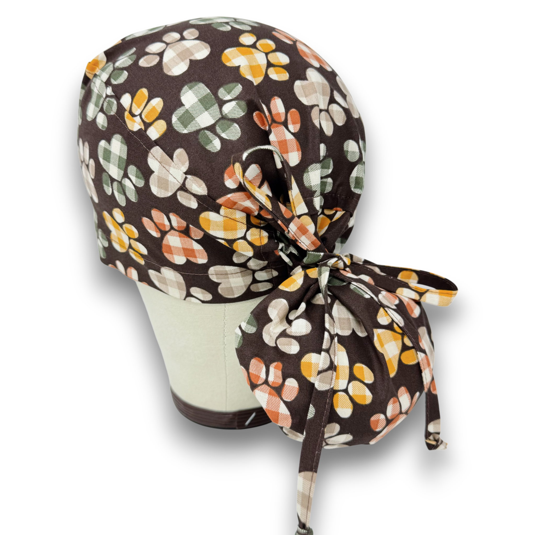Fall Plaid Paw Print Ponytail scrub cap for women with satin lined option by Paradise Caps.