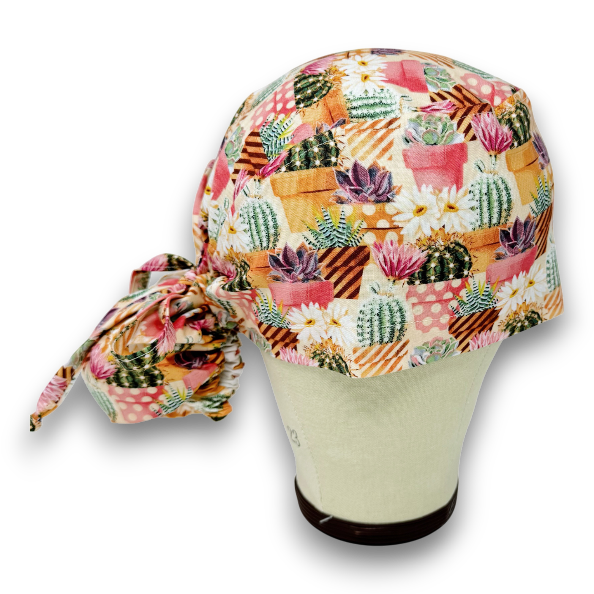 Cactus surgical cap for women with ponytail. Plant Ponytail scrub hat satin lined option by Paradise Caps.