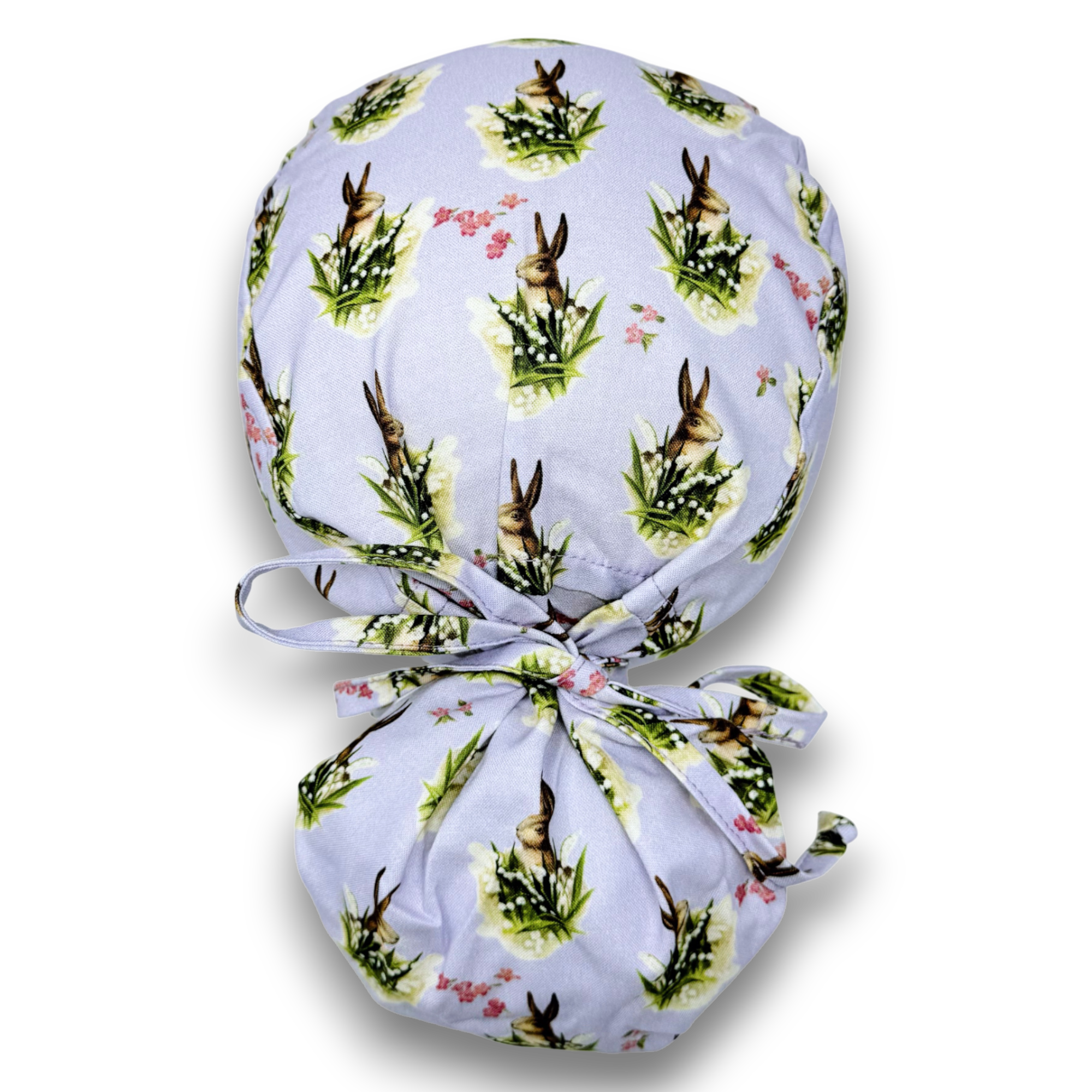 Easter Ponytail Scrub Cap for Women, Bunnies - Lilac Surgical cap with ponytail. Satin Lined Option
