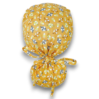 Candy Corn Ponytail scrub cap for women with satin lined option by Paradise Caps.