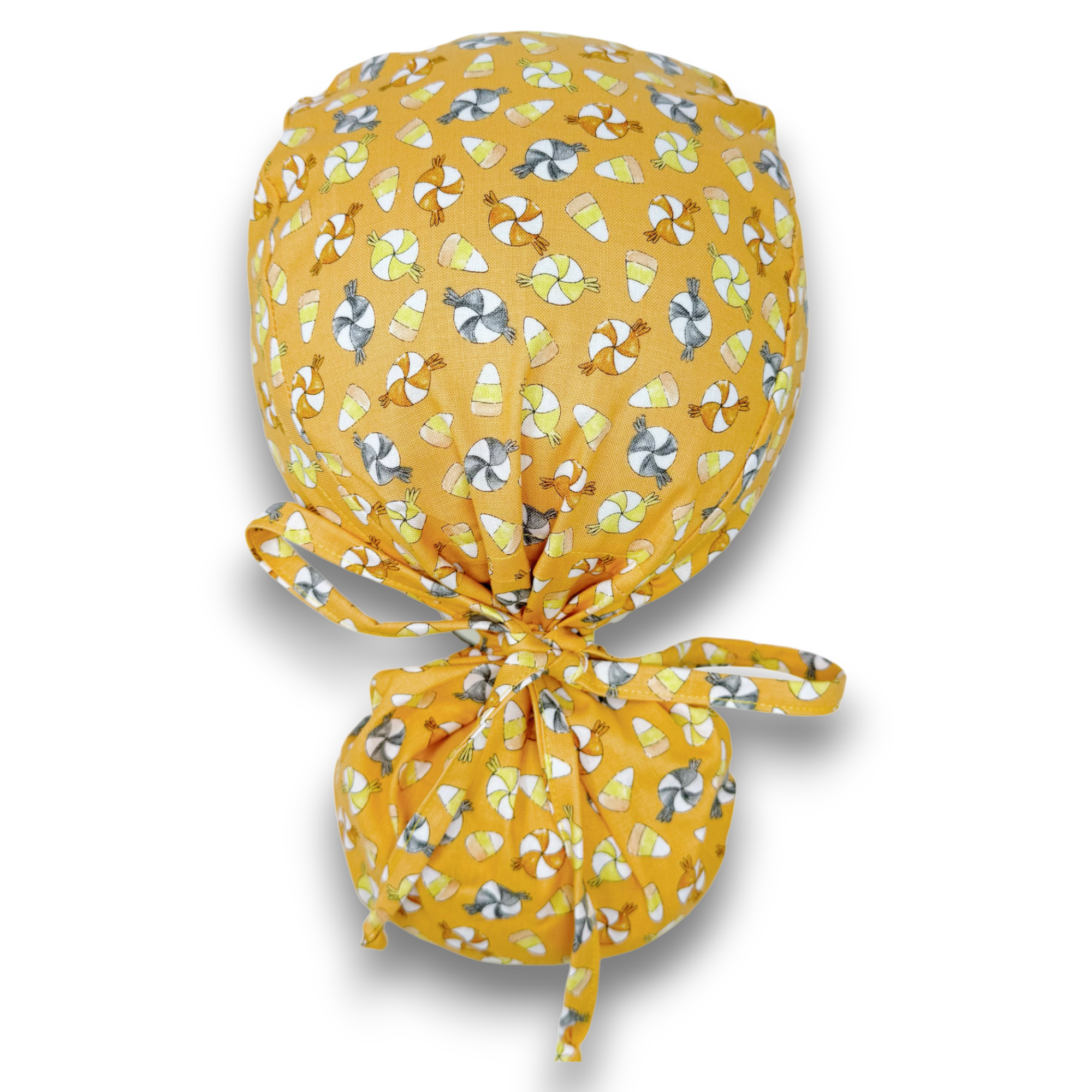Candy Corn Ponytail scrub cap for women with satin lined option by Paradise Caps.