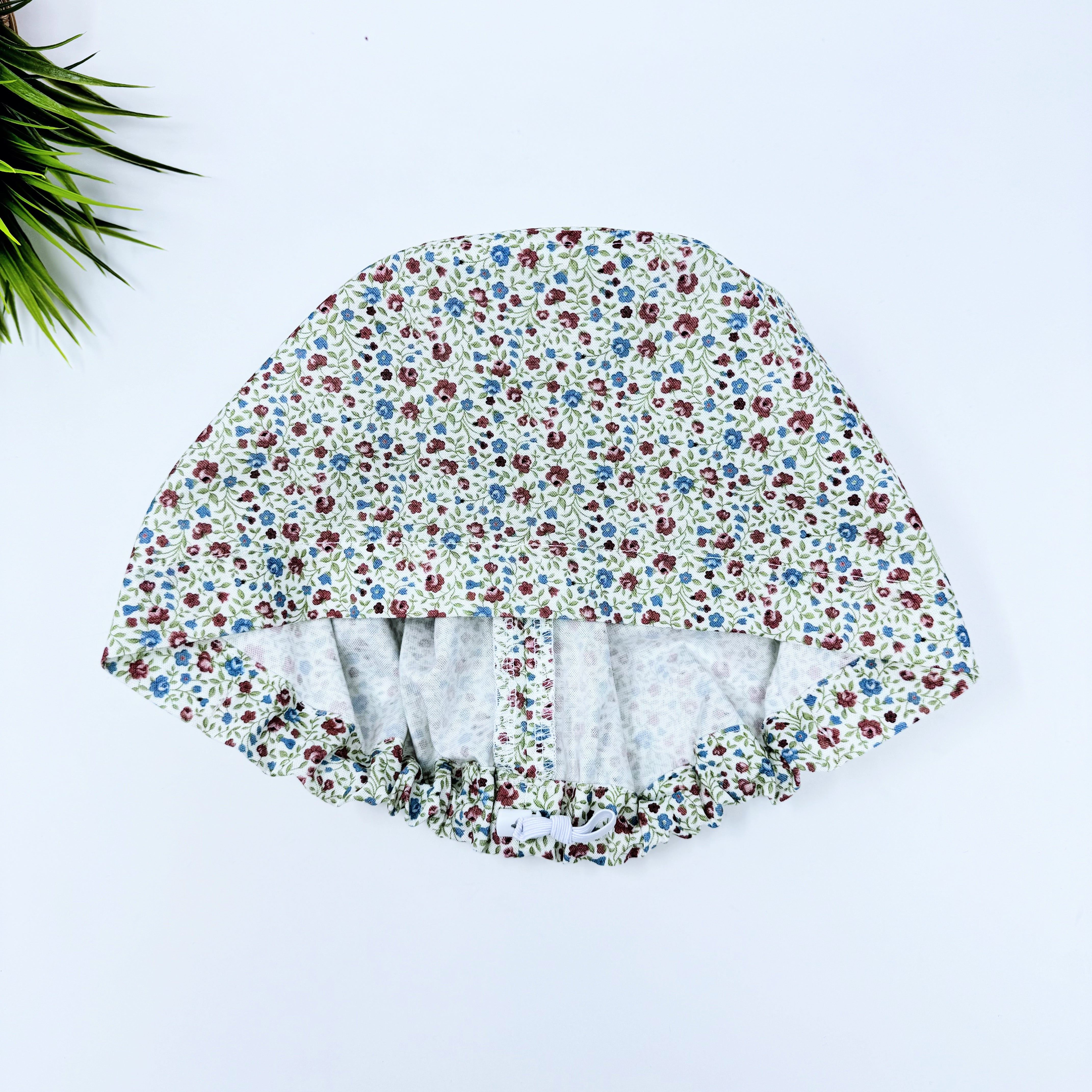 Red Blue Blossoms Euro Scrub Cap for Women with Satin Lined Option by Paradise Caps.