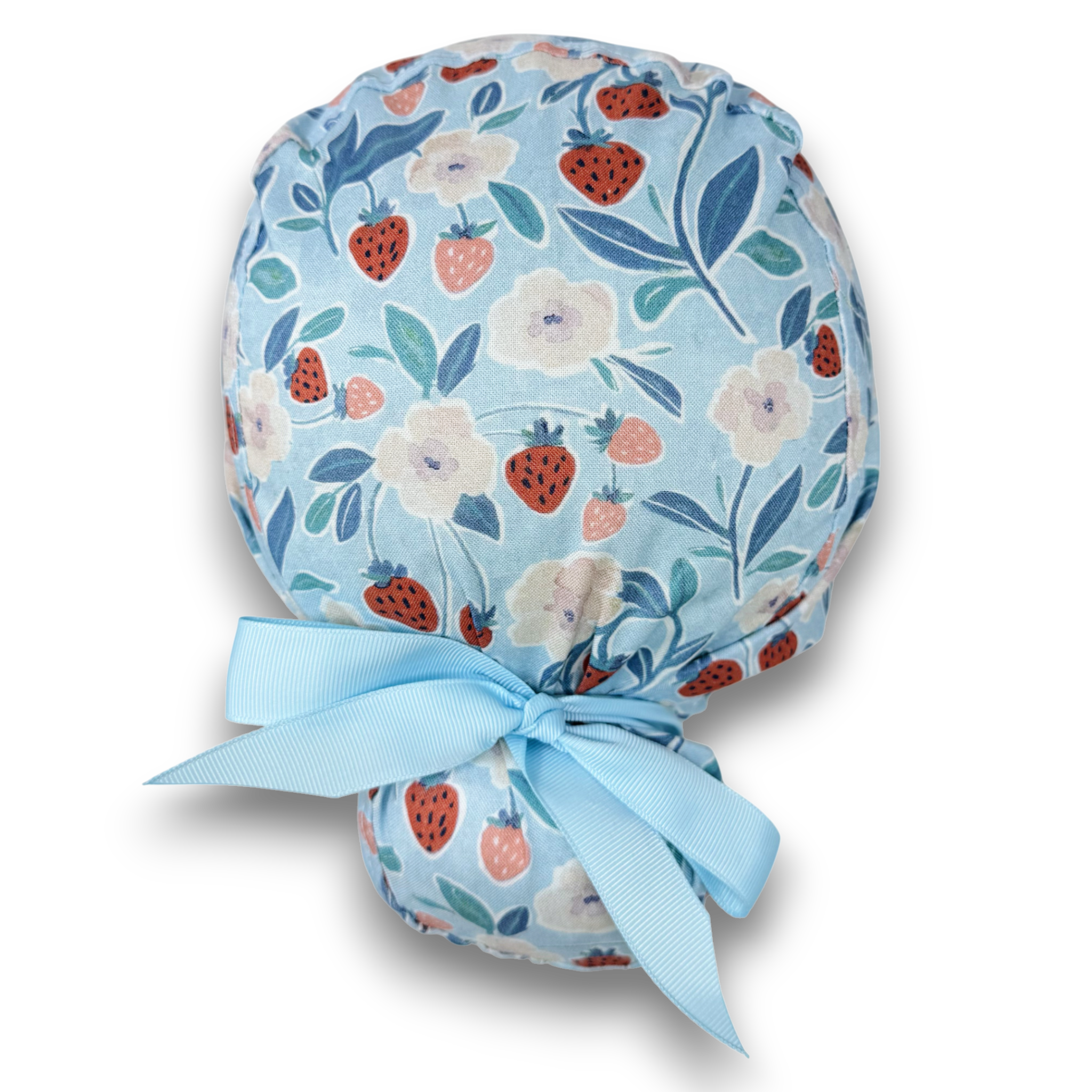 Strawberry Floral Euro scrub cap with ties for Women, Blue European Surgical cap with Satin Lined by Paradise Caps. Euro PLUS style.