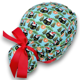 Christmas Cat Euro scrub cap with ties for Women by Paradise Caps. Euro PLUS style.