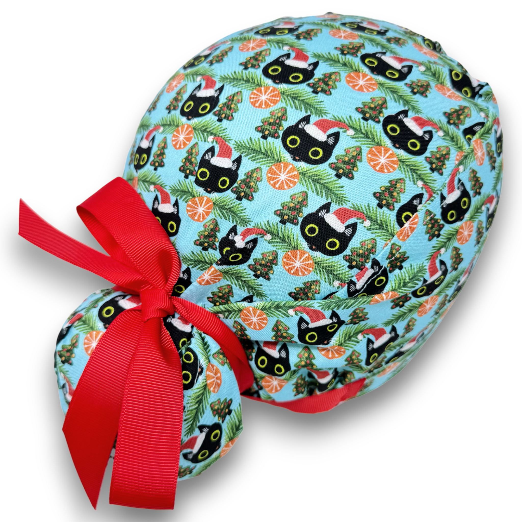 Christmas Cat Euro scrub cap with ties for Women by Paradise Caps. Euro PLUS style.