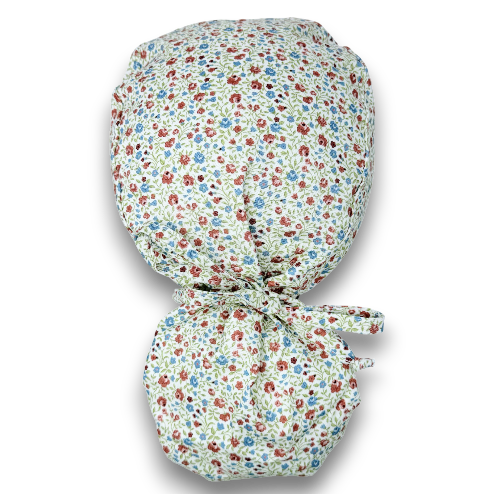 Red Blue Ponytail scrub cap for women with satin lined option by Paradise Caps.