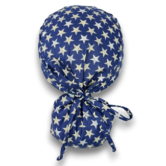 Navy Blue Star Ponytail surgical cap for women with Satin Lined option by Paradise Caps.