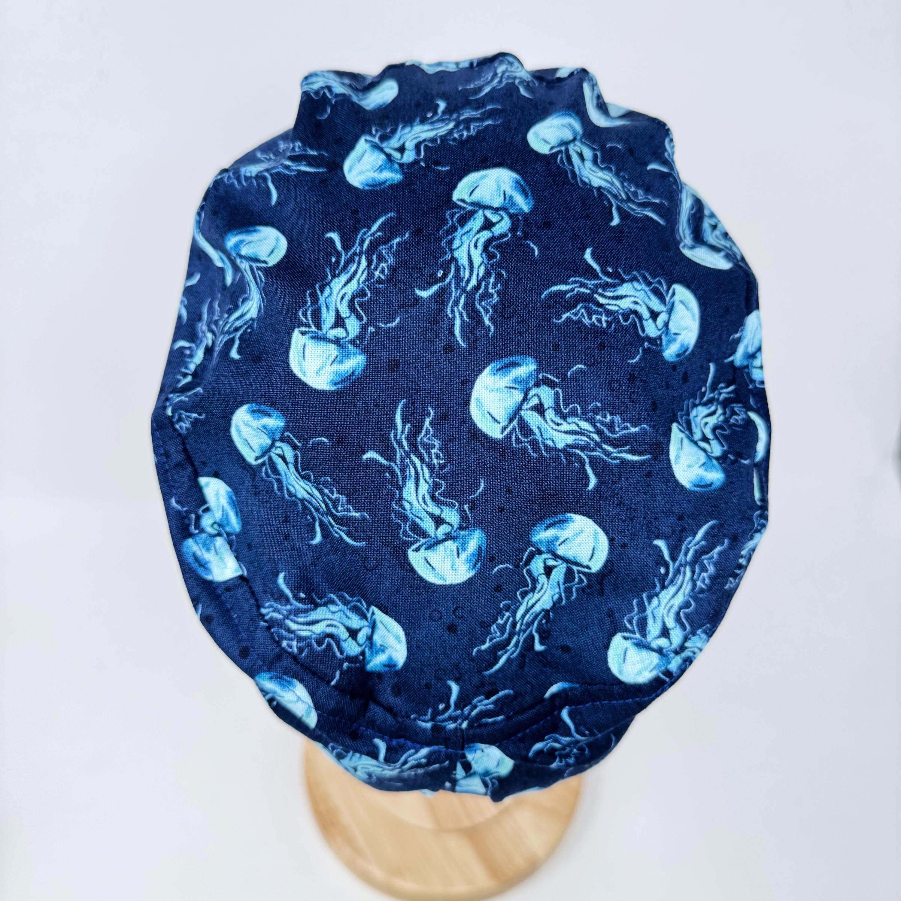 Jellyfish Euro scrub cap for women. Navy Blue Ocean Print surgical hap with satin lined option by Paradise Caps.