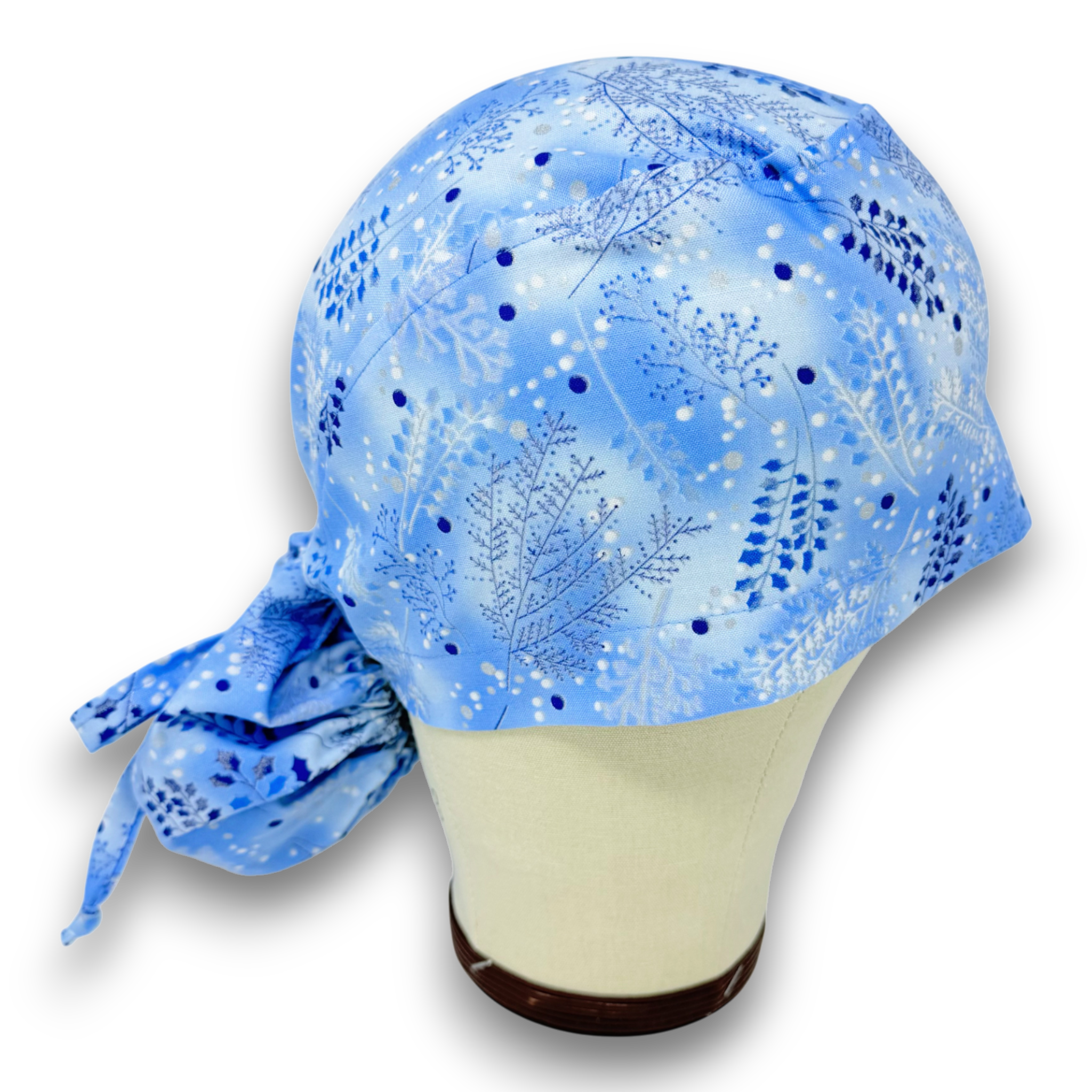 Snowy Forest Ponytail scrub cap with Satin Lined. Christmas scrub hats for women by Paradise Caps.