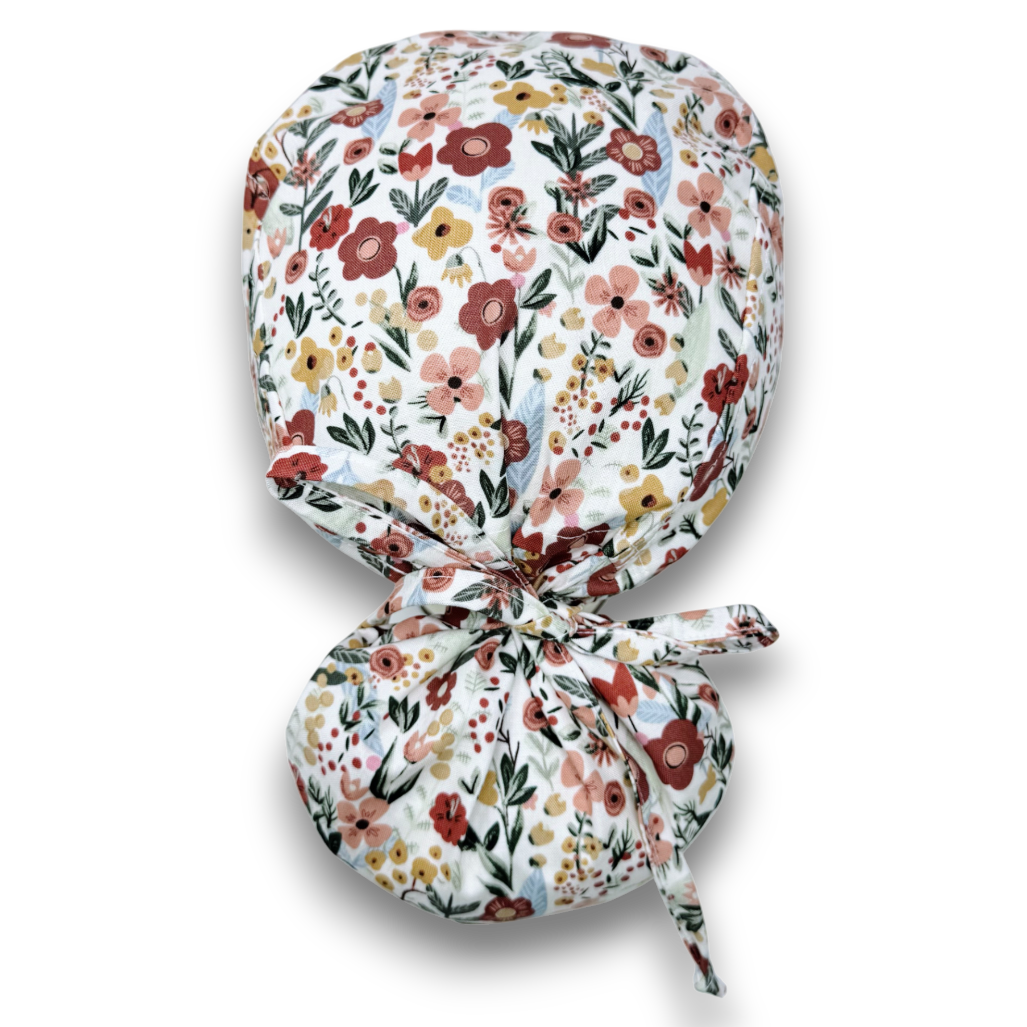Floral Ponytail scrub cap for women with satin lined option by Paradise Caps.