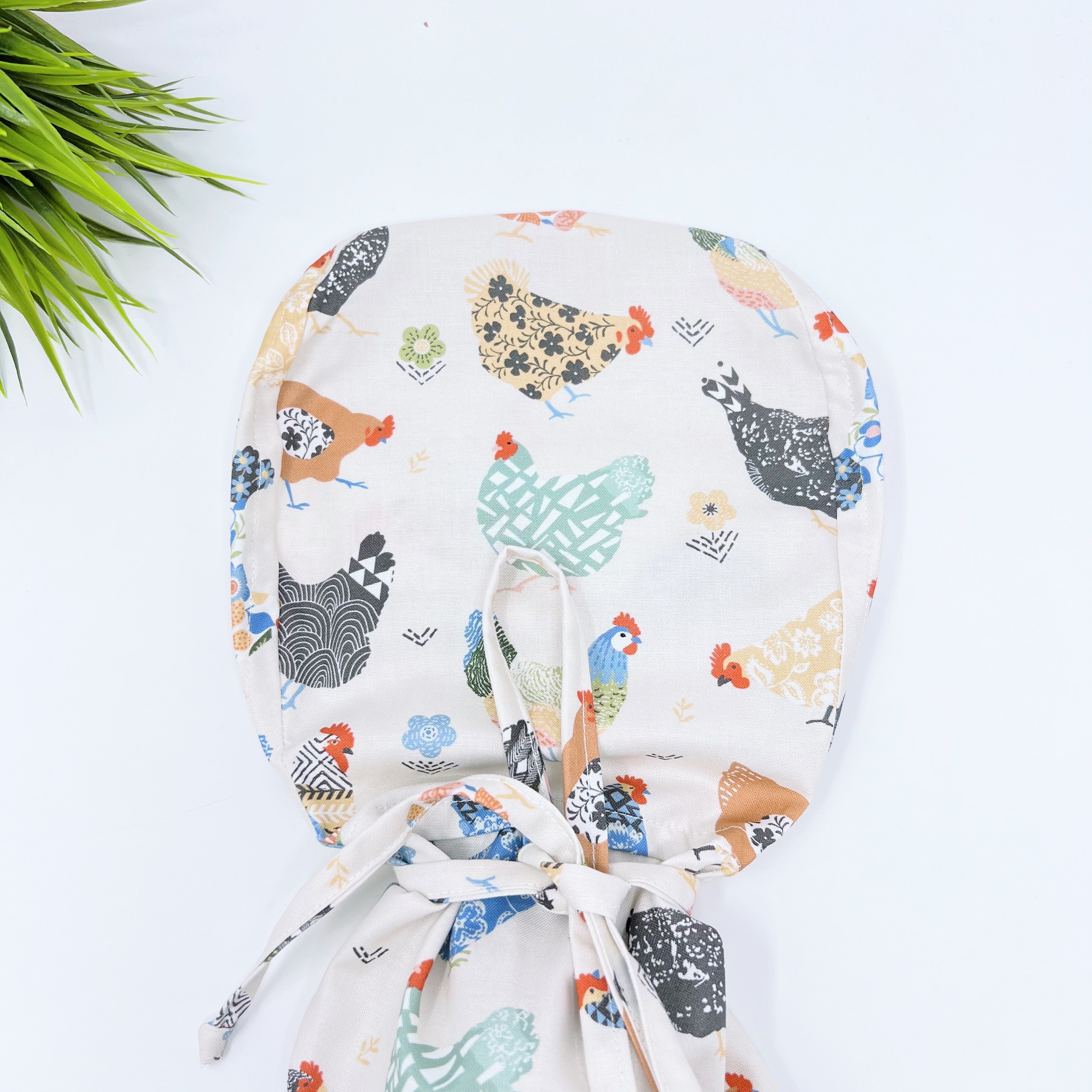 Chickens on ivory Ponytail scrub cap, Surgical cap women. Satin Lined Option Surgical cap with ponytail.