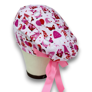 Euro scrub cap with ties for Women. Valentine's day gnome European Surgical cap with Satin Lined by Paradise Caps.
