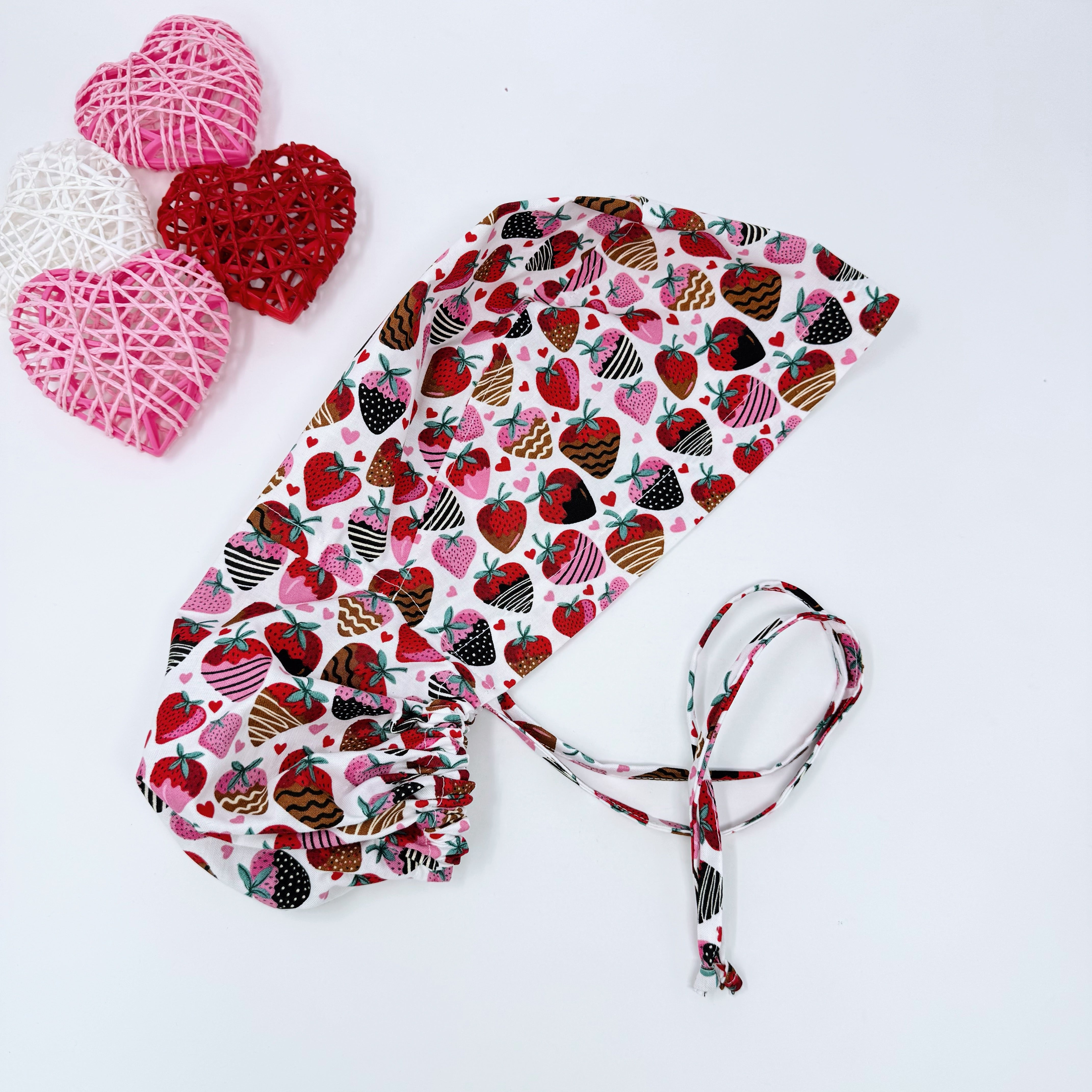 Valentine's day Ponytail scrub cap for women with Satin Lined option by Paradise Caps. Strawberry scrub cap.