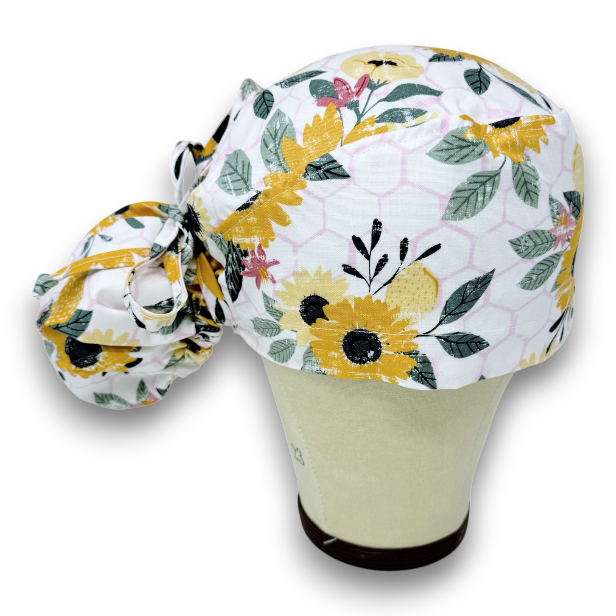 Sunflower Ponytail scrub cap for women with satin lined option by Paradise Caps.