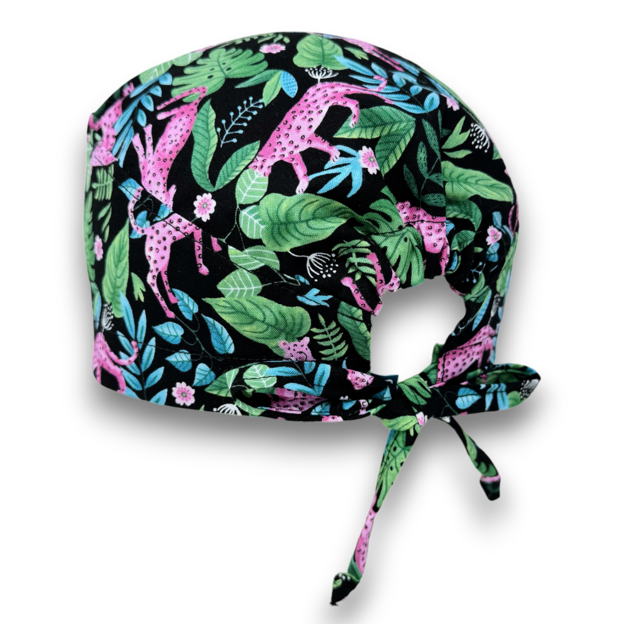 Leopard surgical cap. Animal skull tie-back style scrub cap by Paradise Caps.