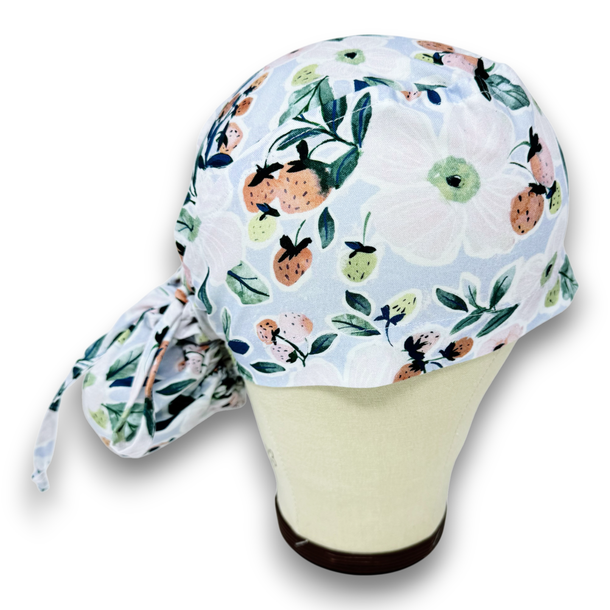 Ponytail scrub cap for women by Paradise Caps. Strawberry Bloom, Satin Lined option Surgical cap with ponytail.