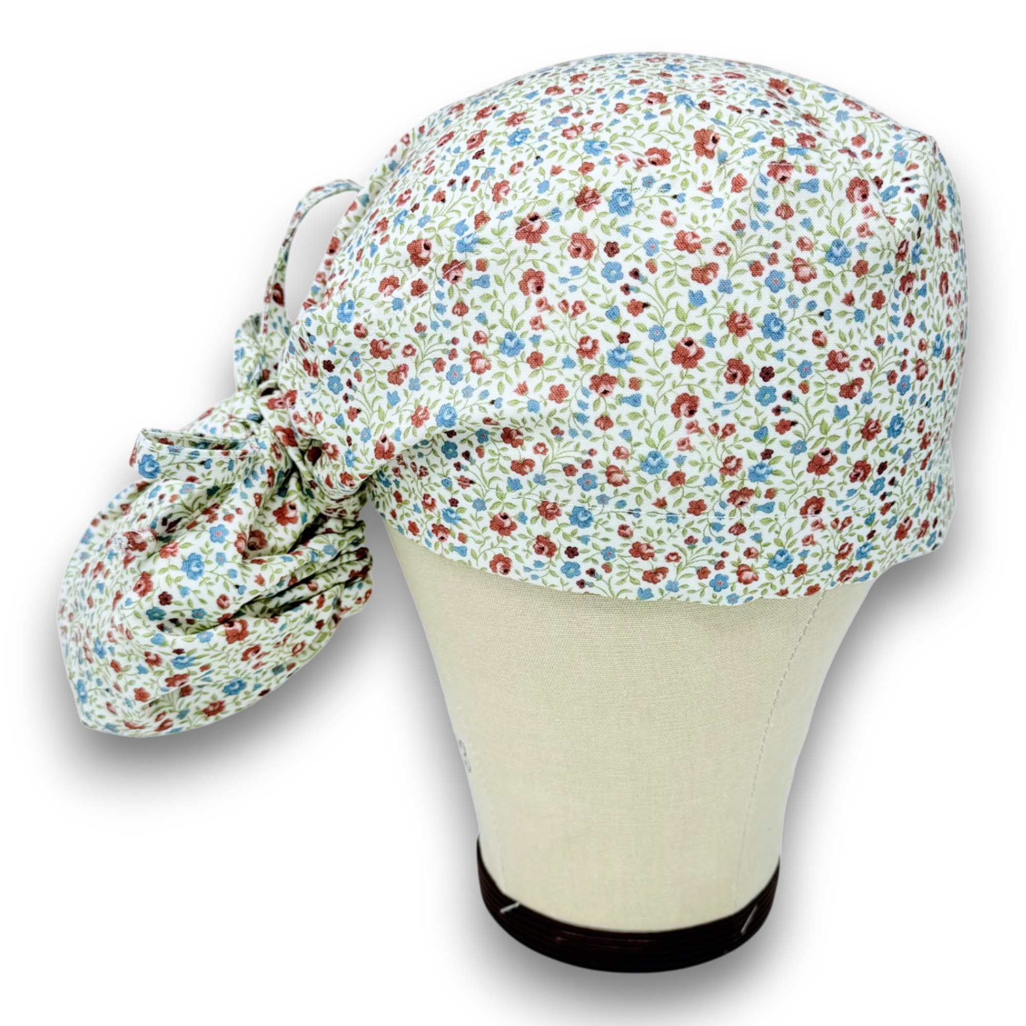 Red Blue Ponytail scrub cap for women with satin lined option by Paradise Caps.