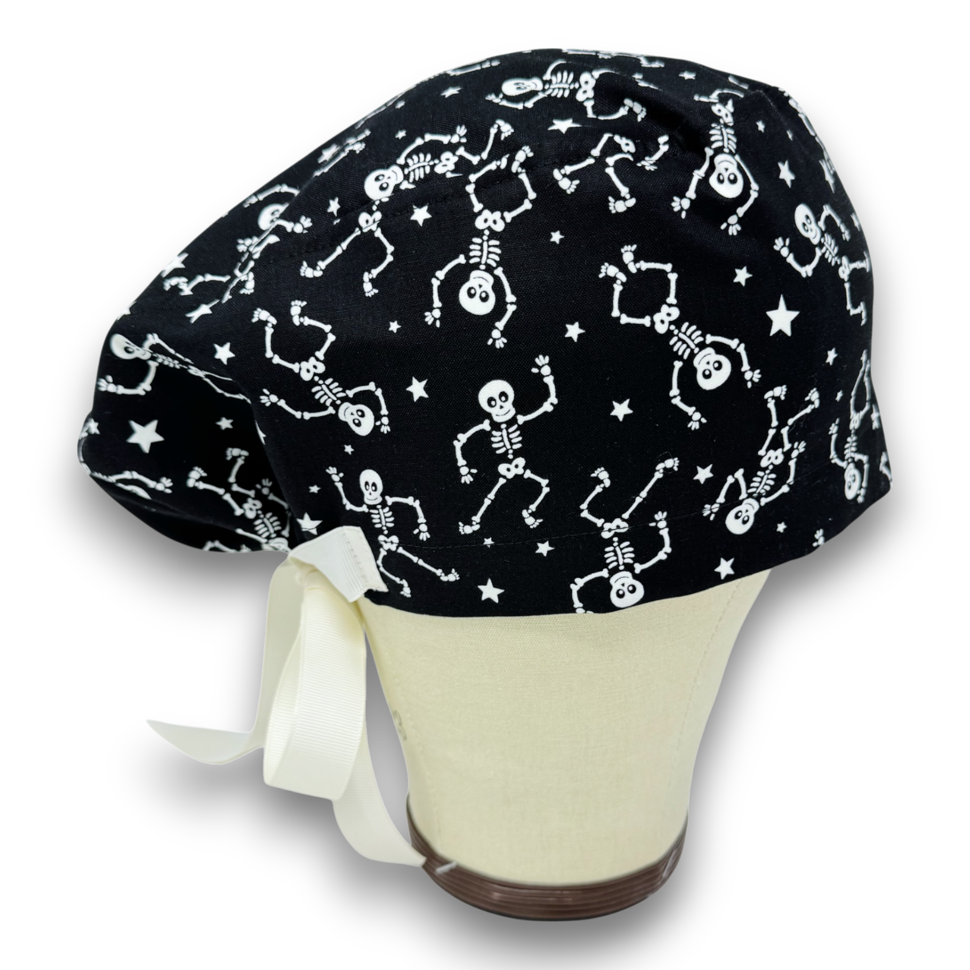 Glow Halloween Euro scrub cap with ties for Women, Skeleton European Surgical cap with Satin Lined Option by Paradise Caps. Euro PLUS style.