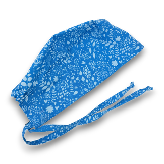 Calm Blue Floral Skull tie-back style surgical scrub cap by Paradise Caps.