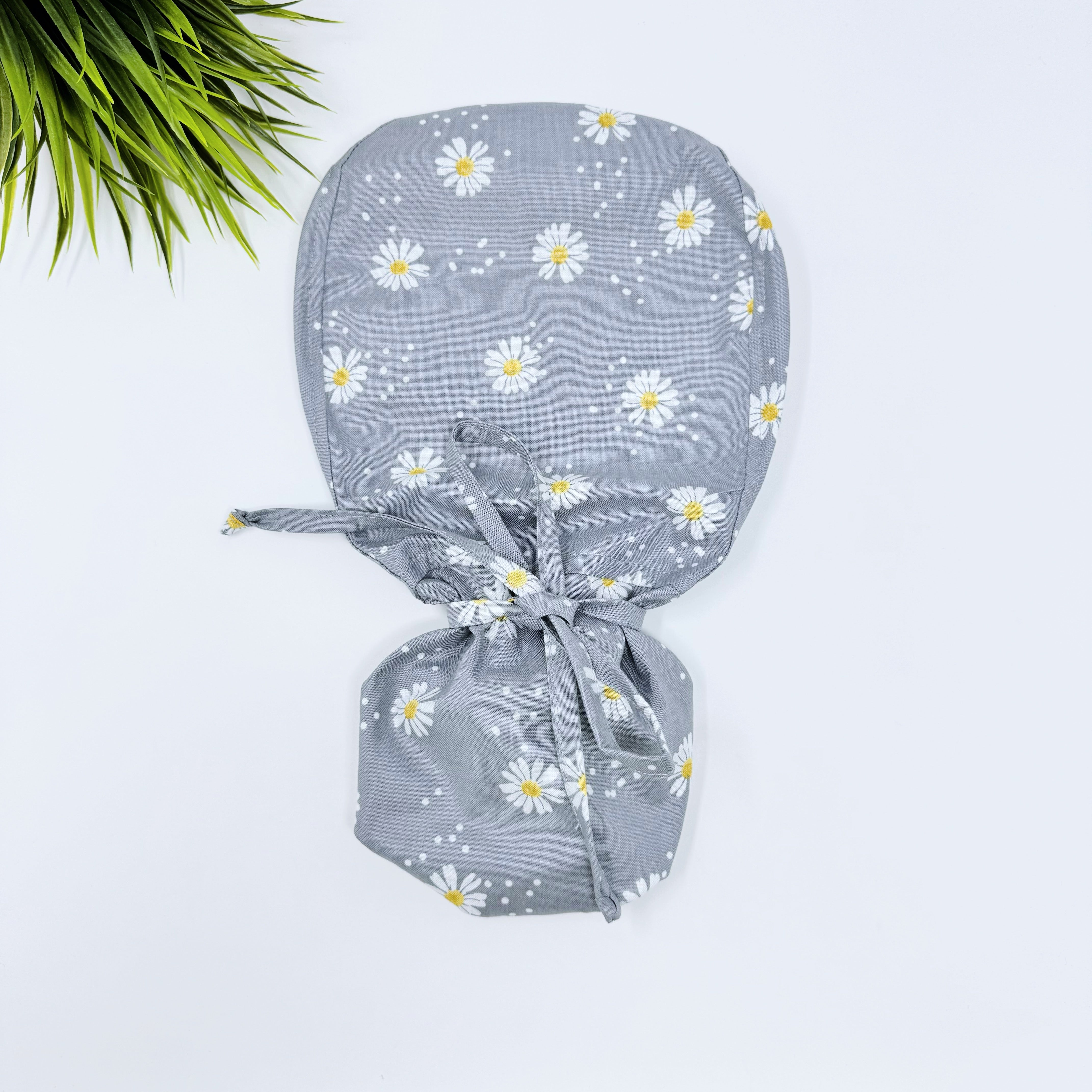 Gray Daisy Dots Ponytail scrub cap for women with satin lined option by Paradise Caps.