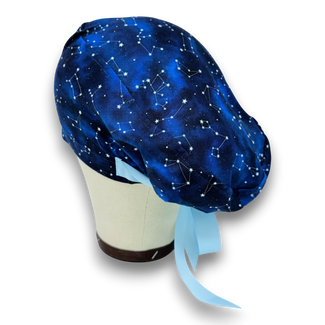 Euro scrub cap with ties for women. Constellation Blue European satin lined surgical cap by Paradise Caps. Euro PLUS style.