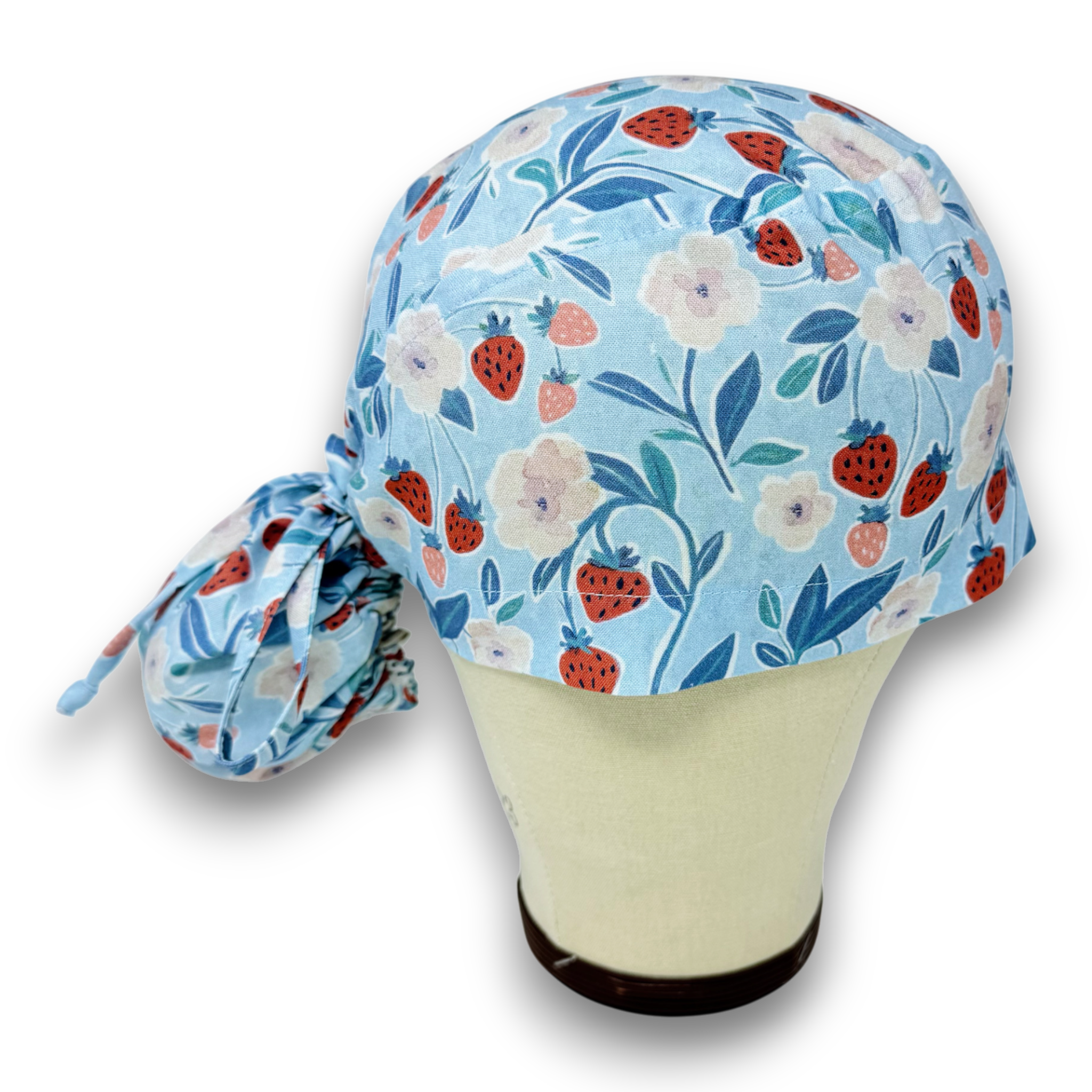 Strawberry Floral Ponytail scrub cap for women with satin lined option by Paradise Caps.