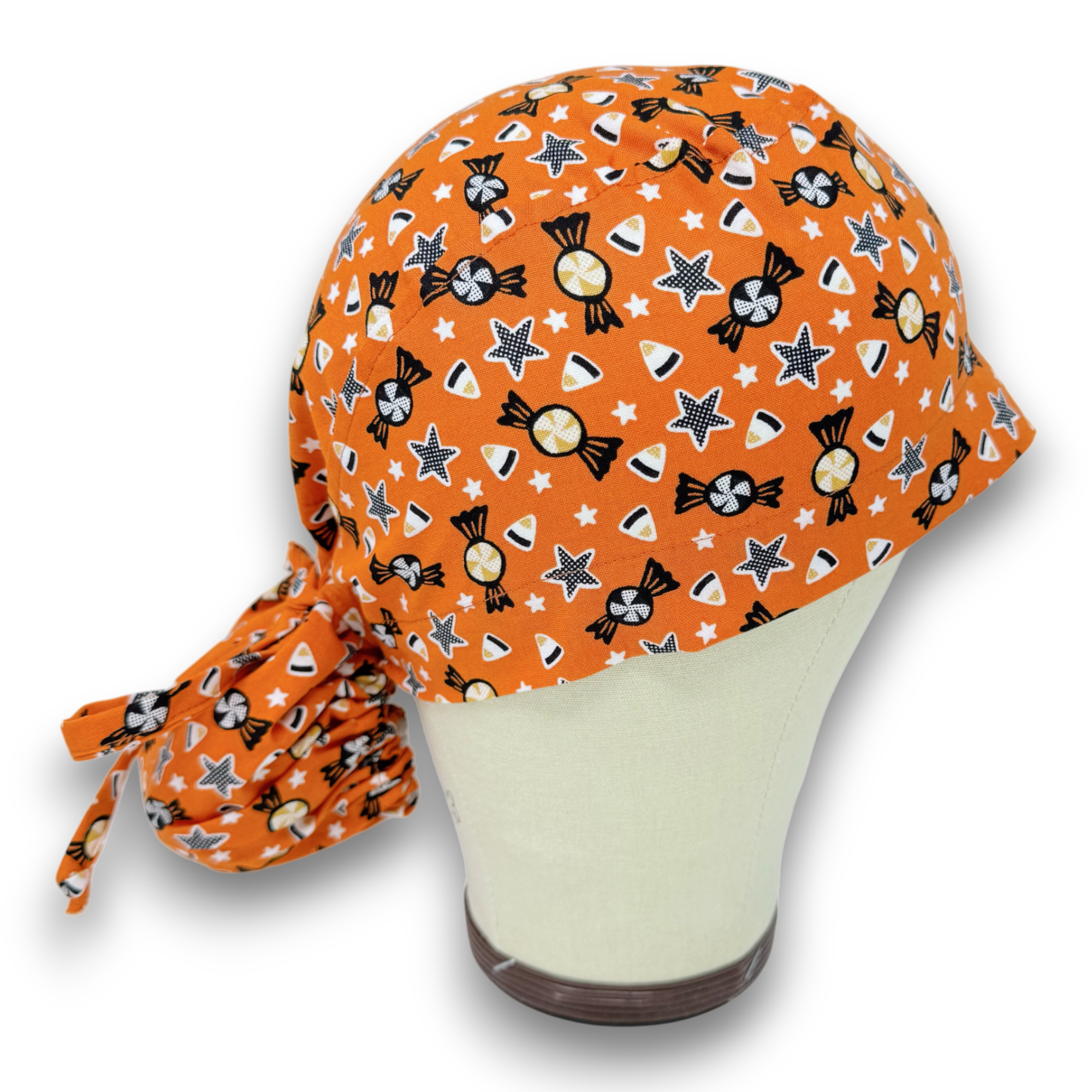Candy corn Ponytail scrub cap for women with satin lined option by Paradise Caps.