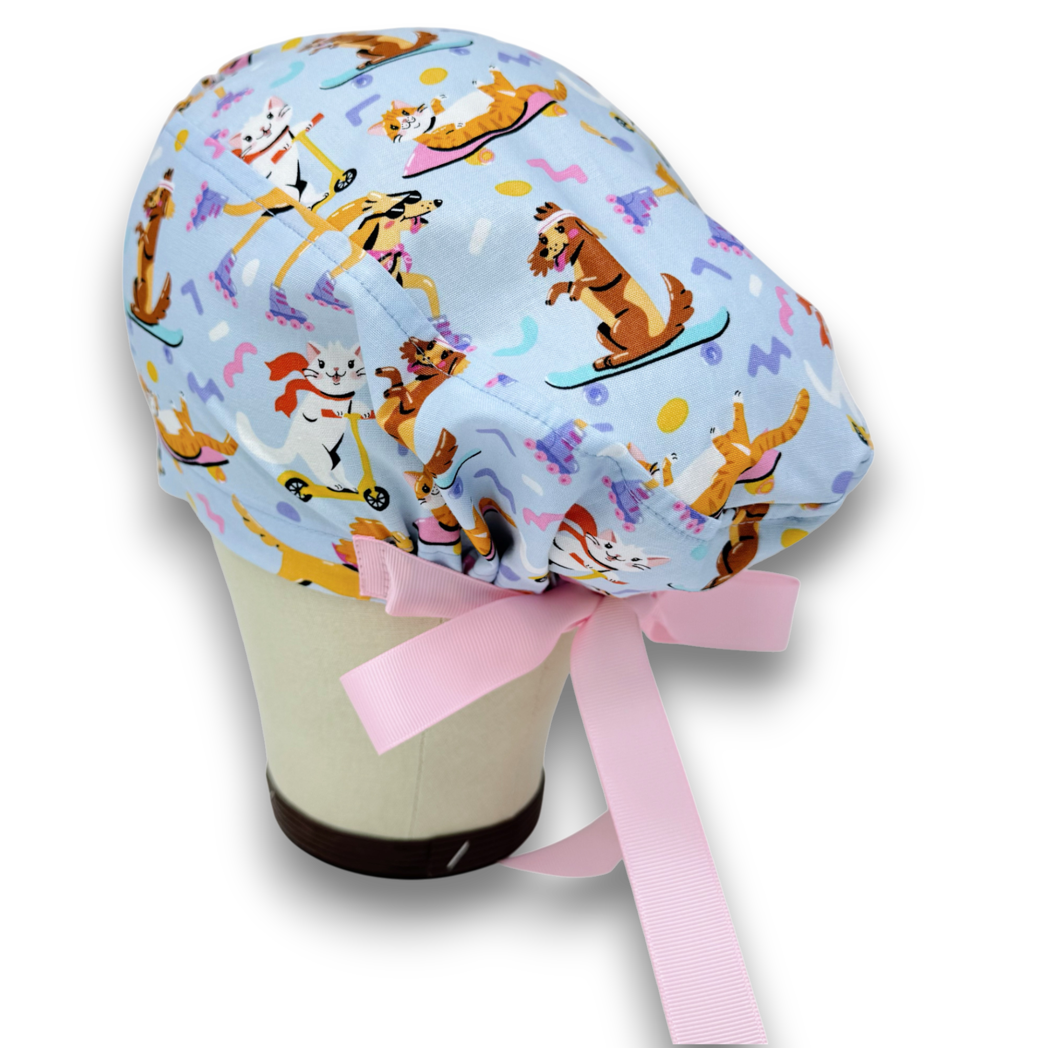 Dog Euro scrub cap with ties for Women, Cat European Surgical cap with Satin Lined Option by Paradise Caps. Euro PLUS style.