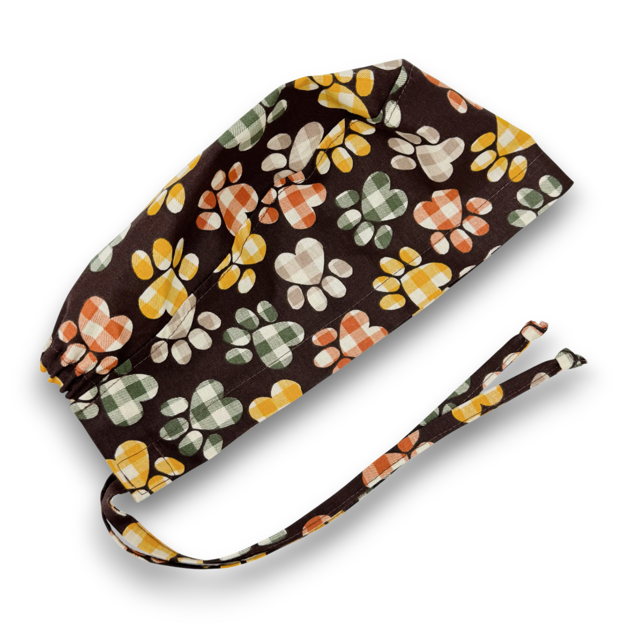 Fall Plaid Paw Print Skull tie-back style scrub cap for men by Paradise Caps.