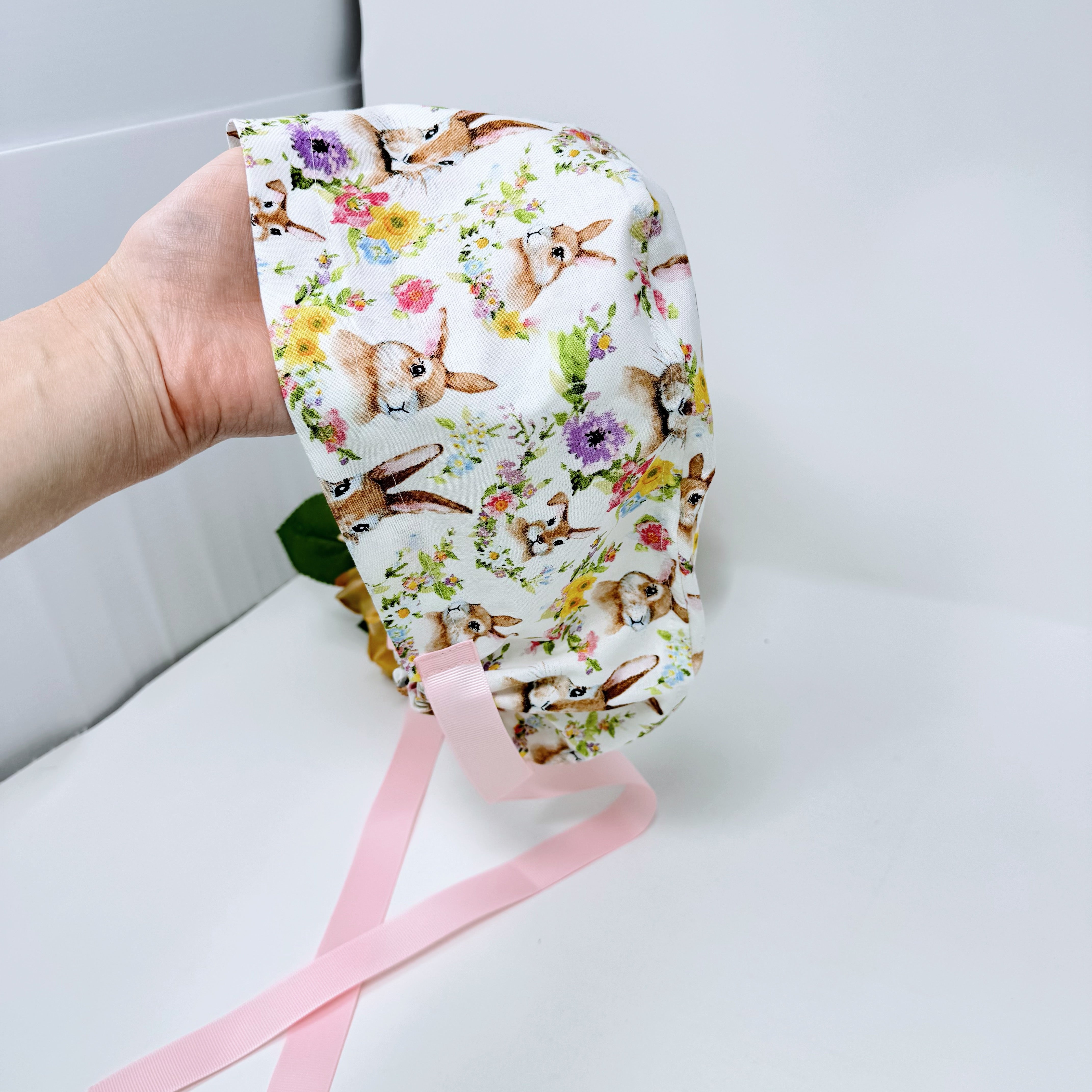 Easter Euro scrub cap with ties for Women, Bunny European Surgical cap with Satin Lined by Paradise Caps.