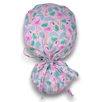 Flamingo Ponytail scrub cap for women with satin lined option by Paradise Caps.