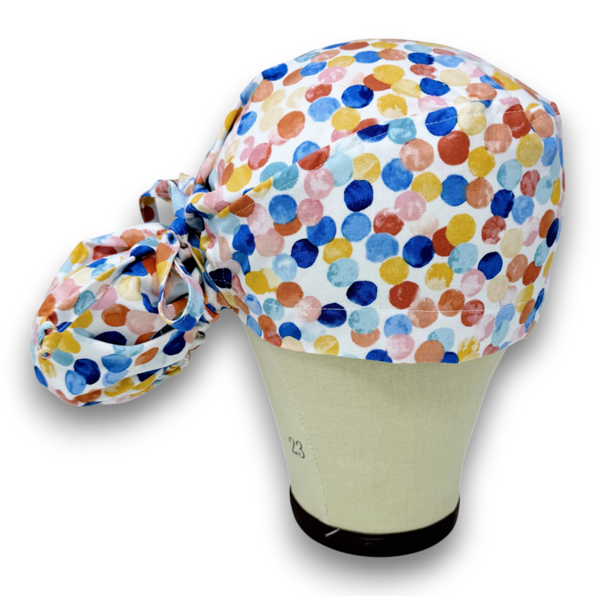 Dots Ponytail scrub cap for women with satin lined option by Paradise Caps.