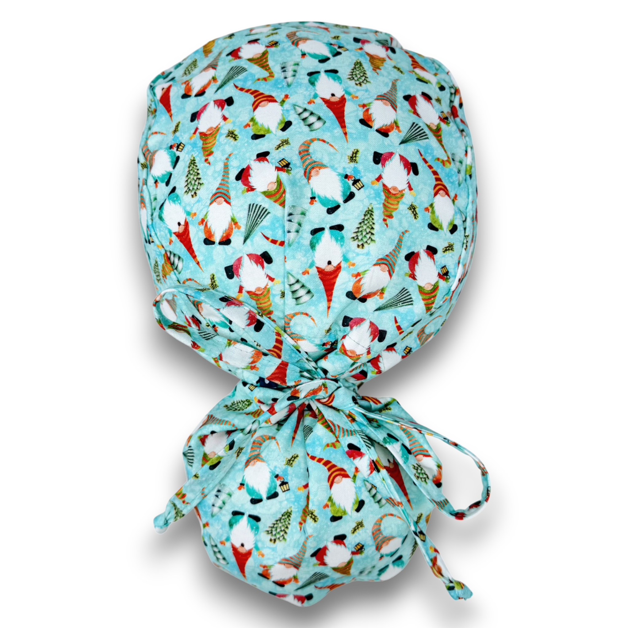 Christmas Gnomes Ponytail scrub cap for women with satin lined option by Paradise Caps.