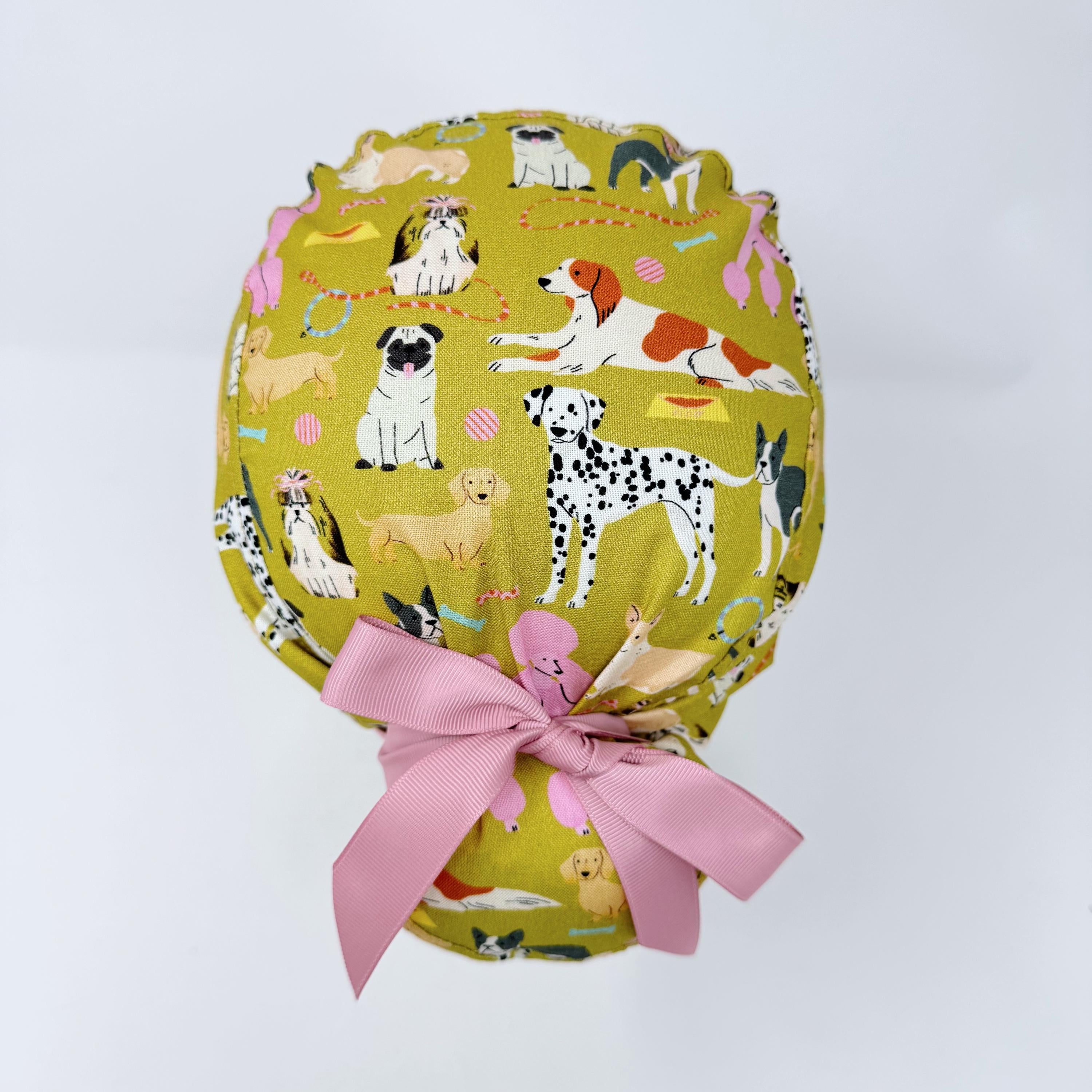 Dog Euro scrub cap with ties for Women, Funny European Surgical cap with Satin Lined Option by Paradise Caps. Euro PLUS style.