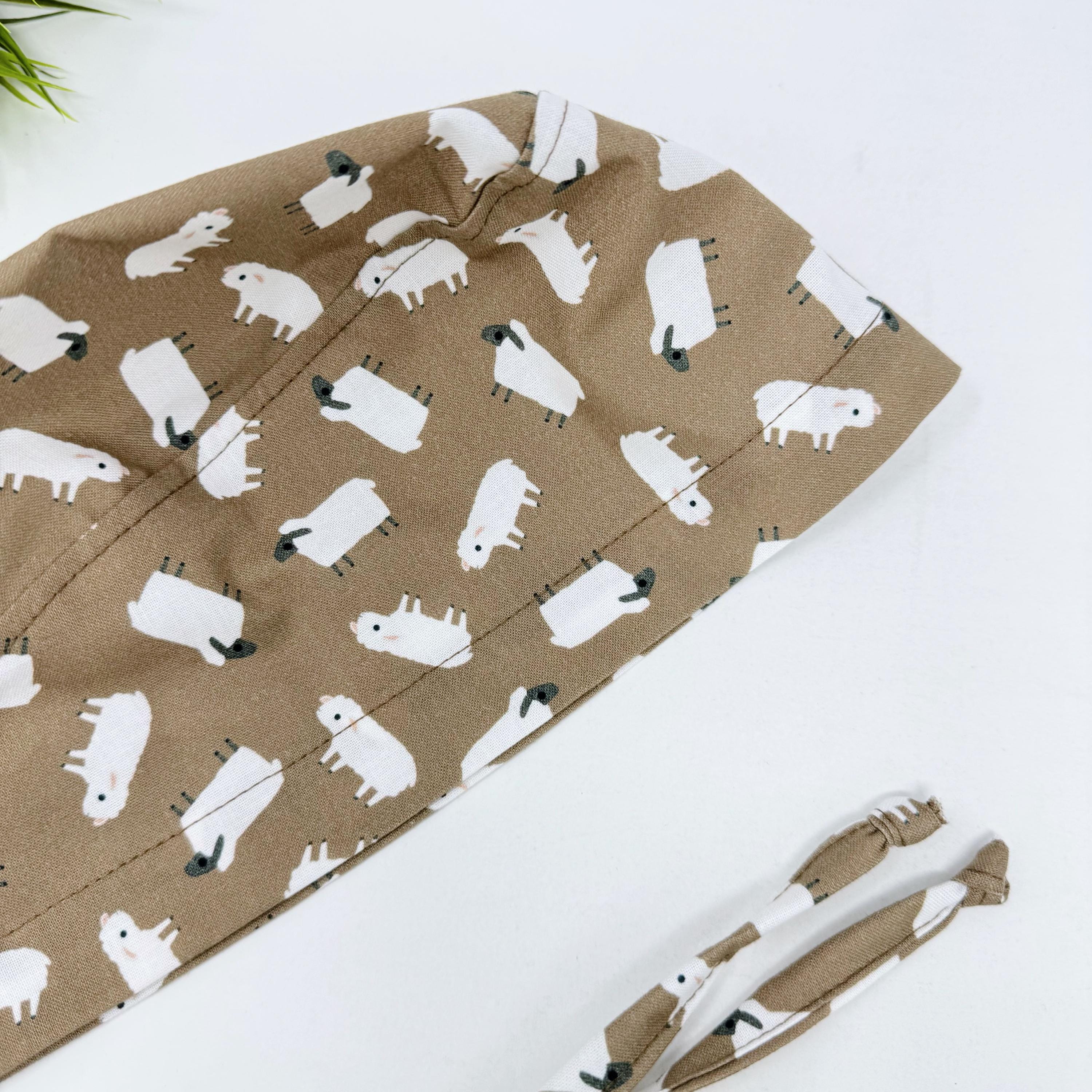 Sheep Men's surgical cap. Farm skull tie-back style scrub cap by Paradise Caps. Brown.